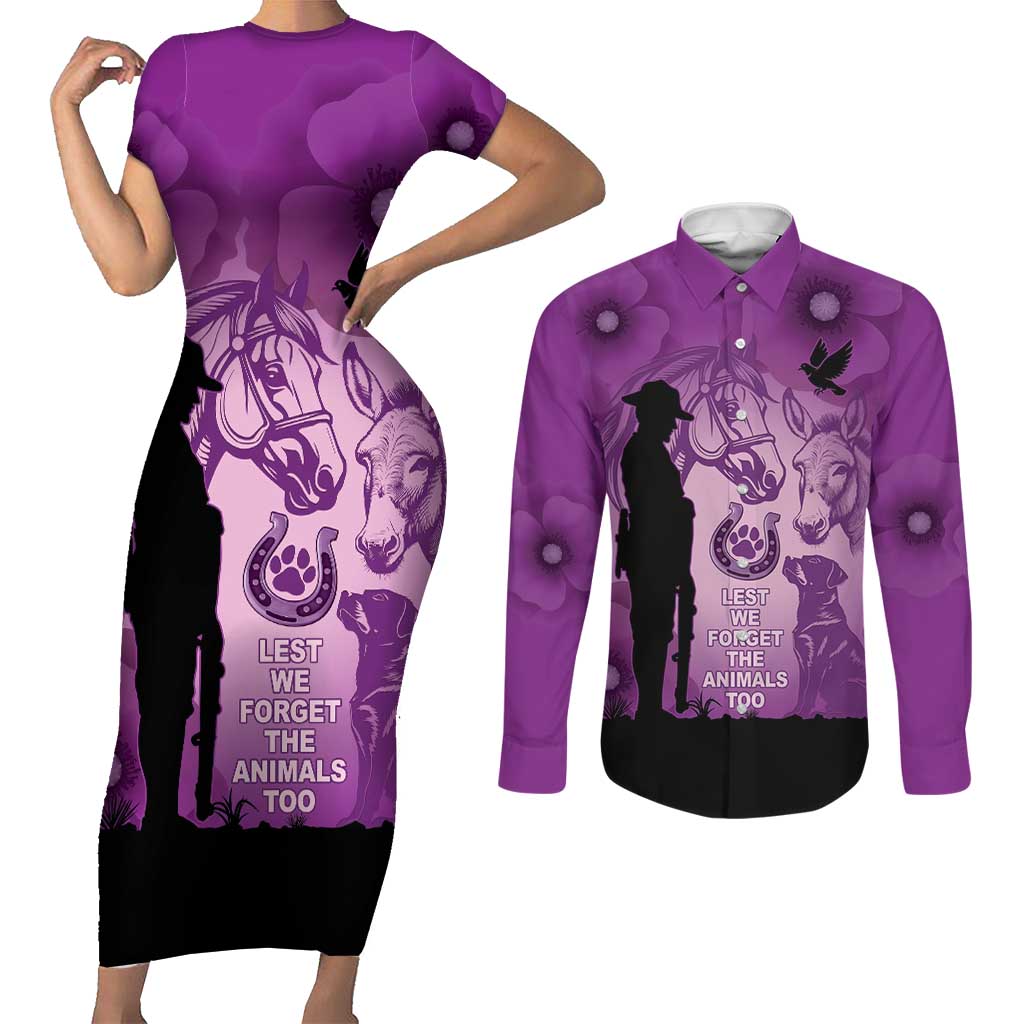Australia Animals ANZAC Day Couples Matching Short Sleeve Bodycon Dress and Long Sleeve Button Shirt Lest We Forget The Animals Too Purple Poppy