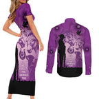 Australia Animals ANZAC Day Couples Matching Short Sleeve Bodycon Dress and Long Sleeve Button Shirt Lest We Forget The Animals Too Purple Poppy