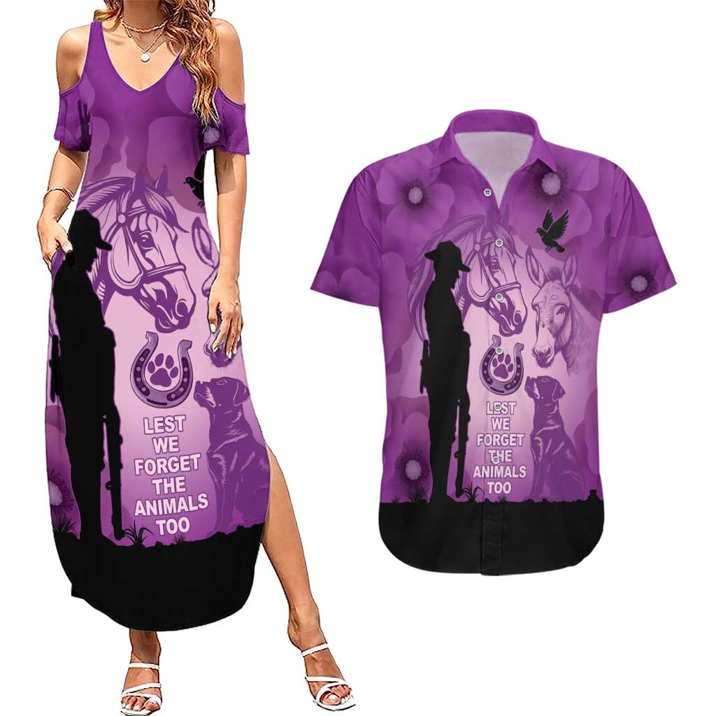 Australia Animals ANZAC Day Couples Matching Summer Maxi Dress and Hawaiian Shirt Lest We Forget The Animals Too Purple Poppy