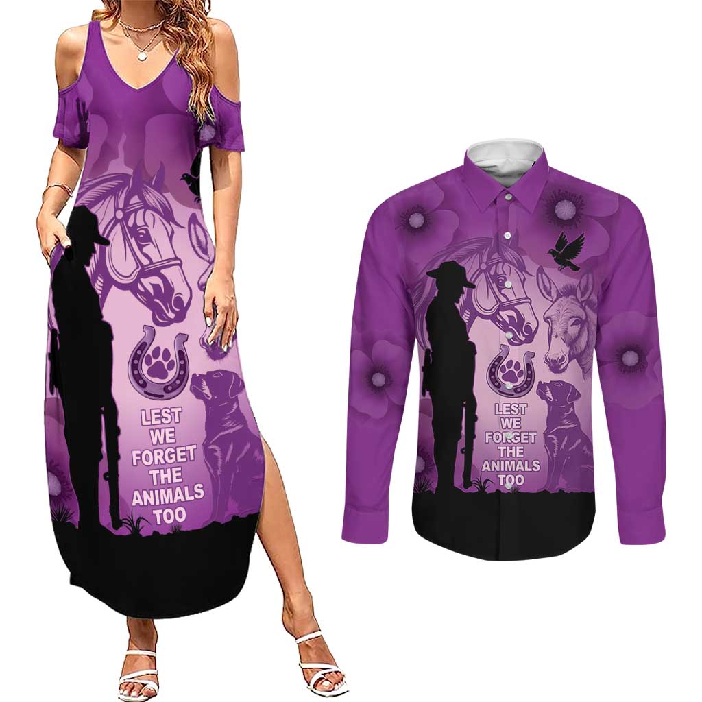 Australia Animals ANZAC Day Couples Matching Summer Maxi Dress and Long Sleeve Button Shirt Lest We Forget The Animals Too Purple Poppy