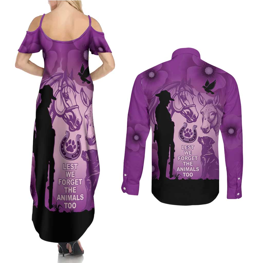 Australia Animals ANZAC Day Couples Matching Summer Maxi Dress and Long Sleeve Button Shirt Lest We Forget The Animals Too Purple Poppy