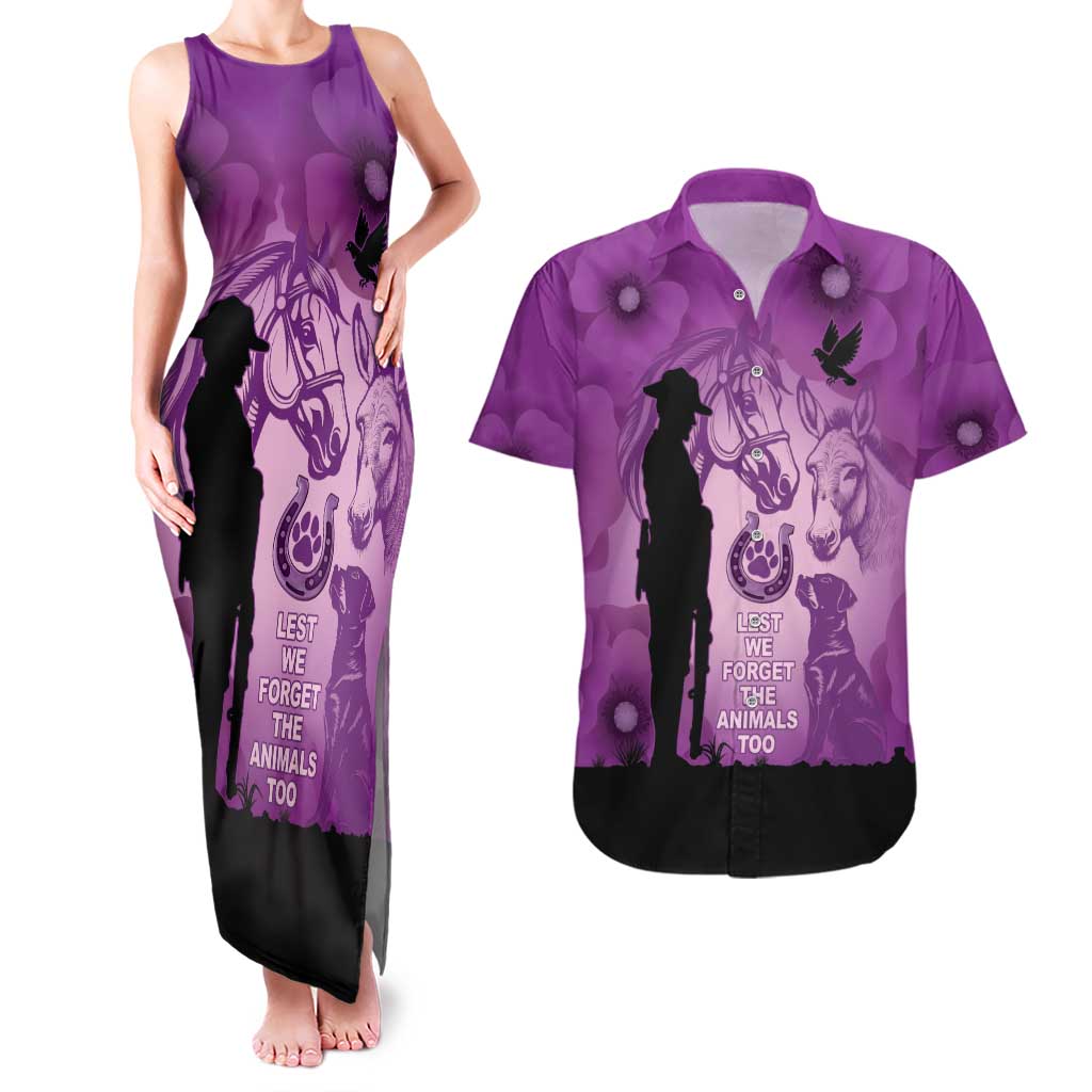 Australia Animals ANZAC Day Couples Matching Tank Maxi Dress and Hawaiian Shirt Lest We Forget The Animals Too Purple Poppy