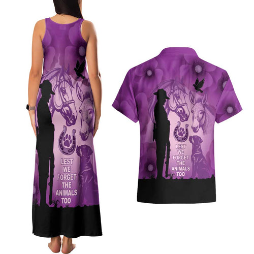 Australia Animals ANZAC Day Couples Matching Tank Maxi Dress and Hawaiian Shirt Lest We Forget The Animals Too Purple Poppy