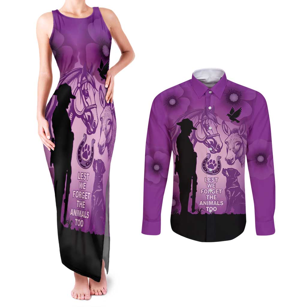Australia Animals ANZAC Day Couples Matching Tank Maxi Dress and Long Sleeve Button Shirt Lest We Forget The Animals Too Purple Poppy
