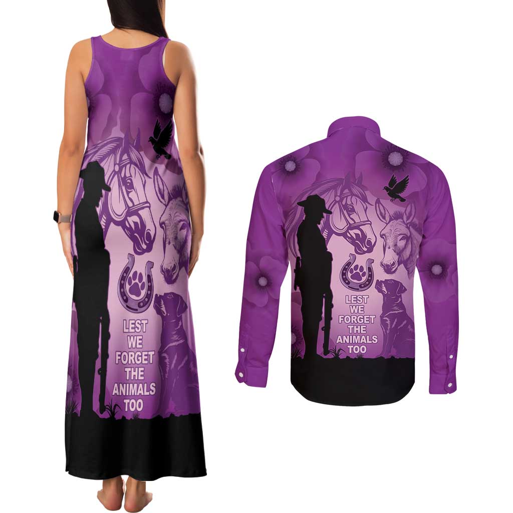 Australia Animals ANZAC Day Couples Matching Tank Maxi Dress and Long Sleeve Button Shirt Lest We Forget The Animals Too Purple Poppy