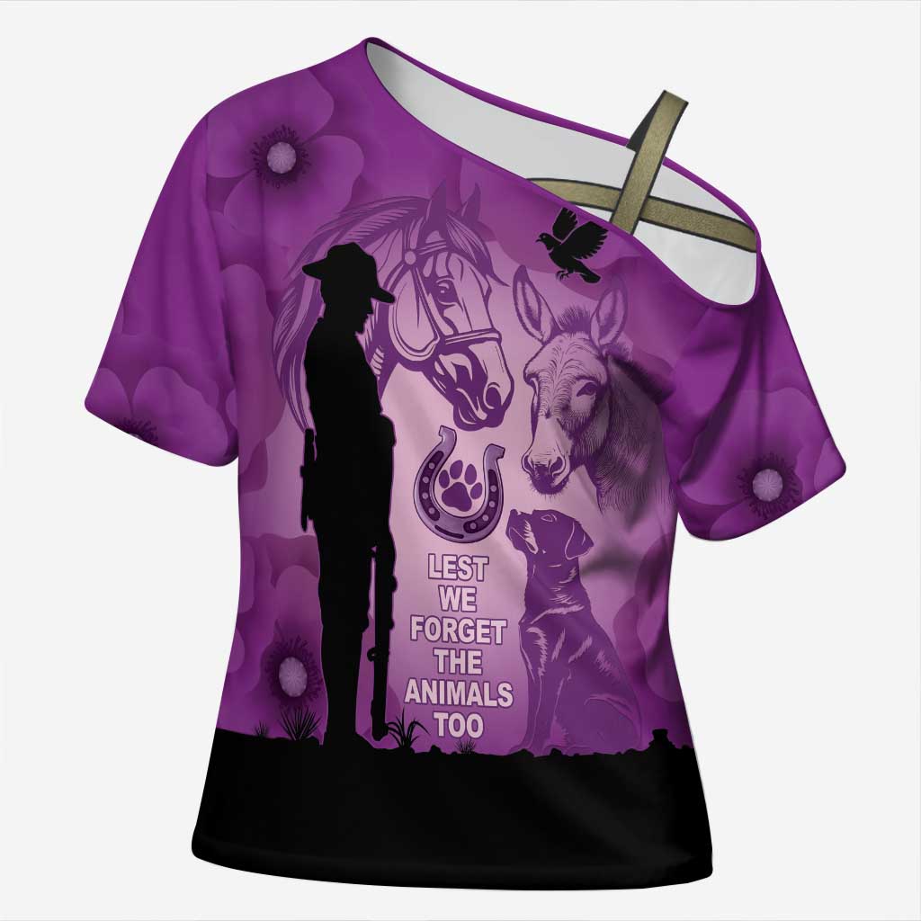 Australia Animals ANZAC Day Cross Shoulder Shirt Lest We Forget The Animals Too Purple Poppy