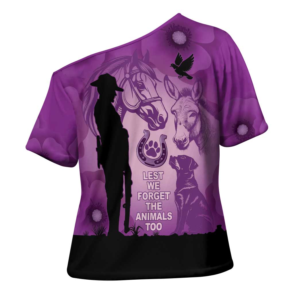 Australia Animals ANZAC Day Cross Shoulder Shirt Lest We Forget The Animals Too Purple Poppy