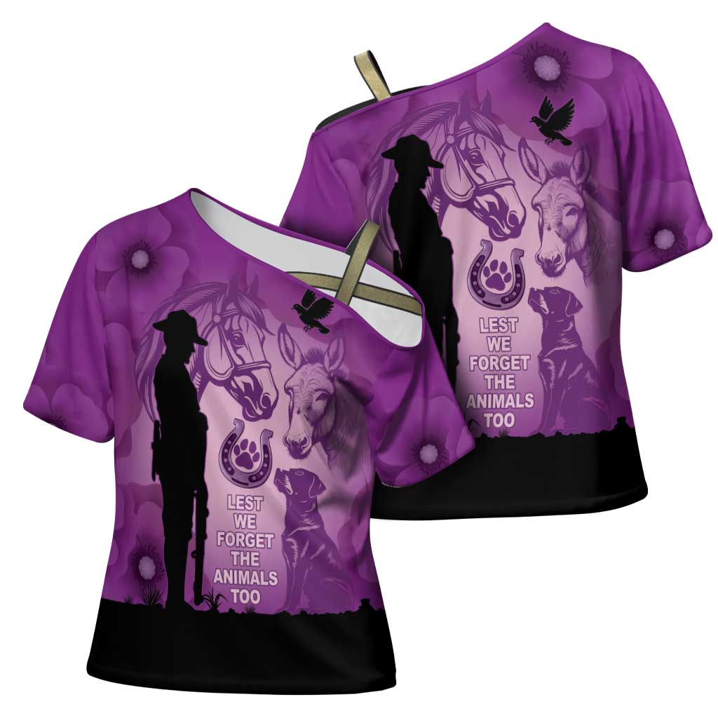 Australia Animals ANZAC Day Cross Shoulder Shirt Lest We Forget The Animals Too Purple Poppy