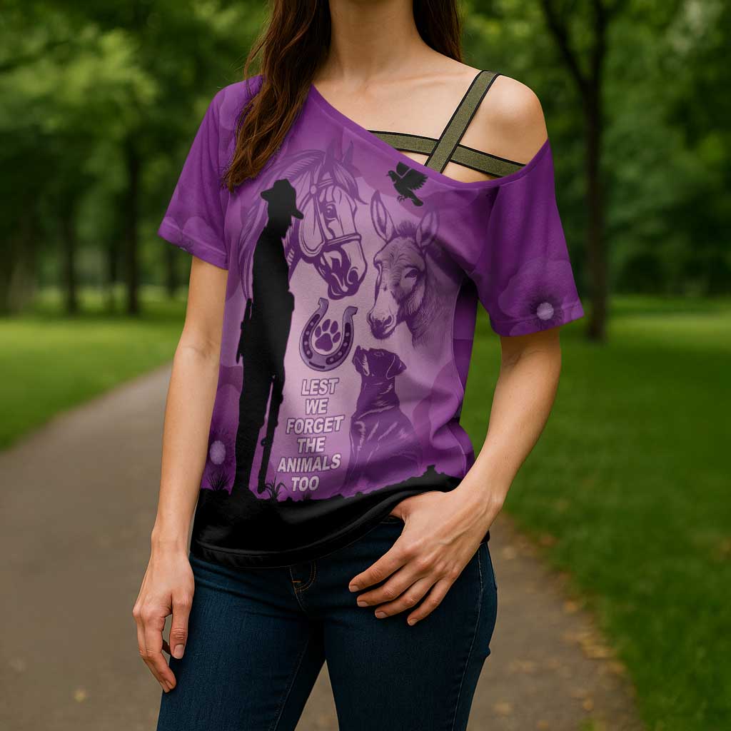 Australia Animals ANZAC Day Cross Shoulder Shirt Lest We Forget The Animals Too Purple Poppy