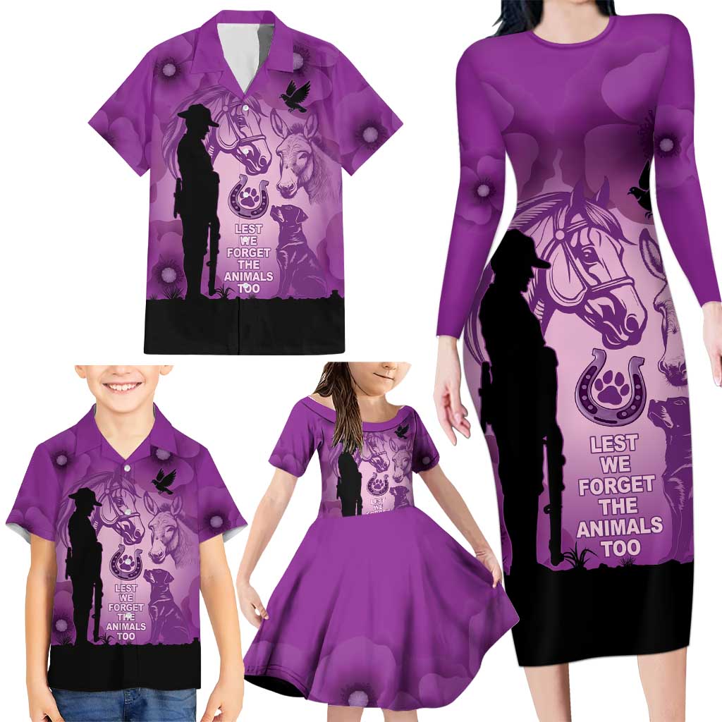Australia Animals ANZAC Day Family Matching Long Sleeve Bodycon Dress and Hawaiian Shirt Lest We Forget The Animals Too Purple Poppy