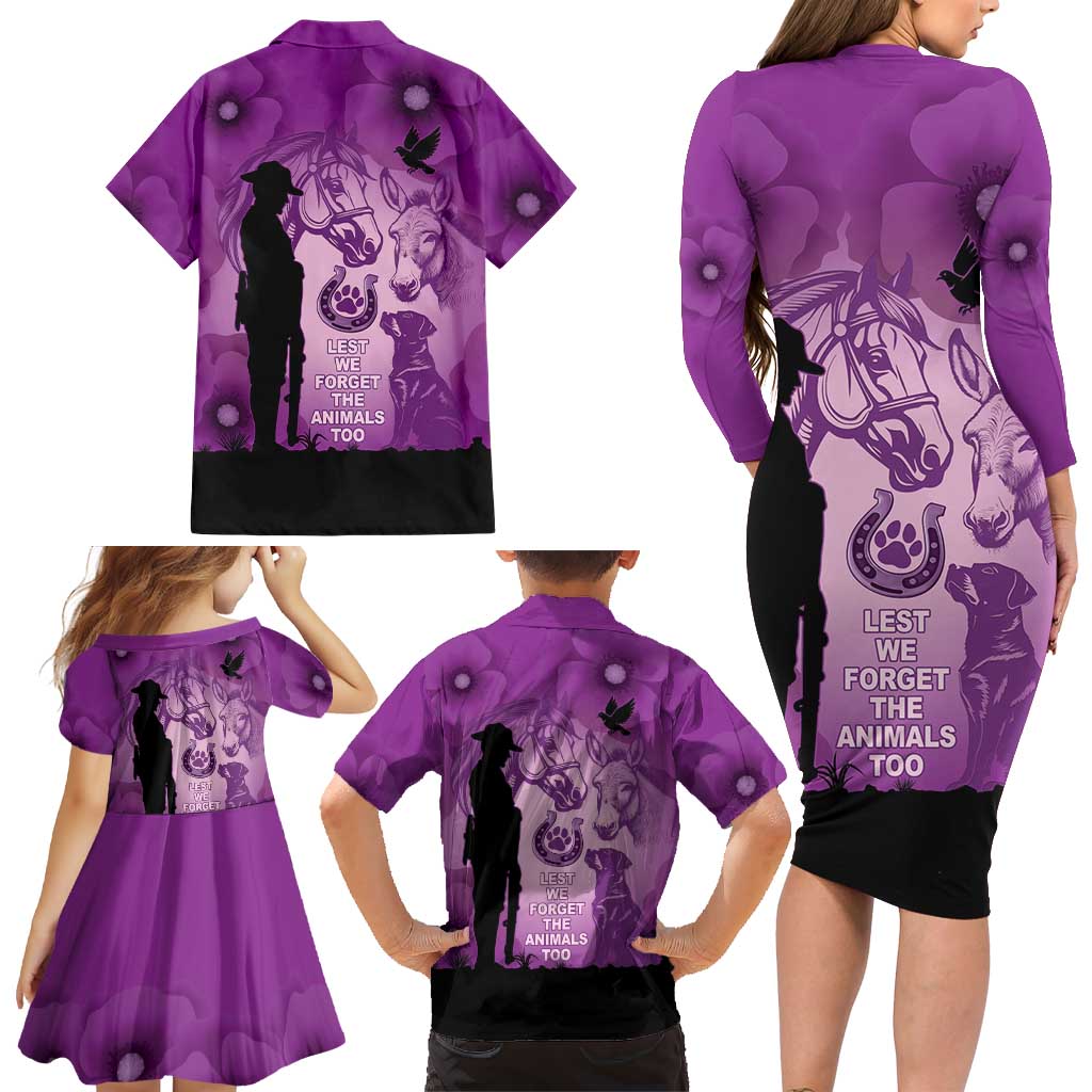 Australia Animals ANZAC Day Family Matching Long Sleeve Bodycon Dress and Hawaiian Shirt Lest We Forget The Animals Too Purple Poppy