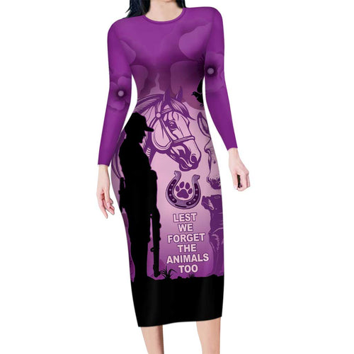 Australia Animals ANZAC Day Family Matching Long Sleeve Bodycon Dress and Hawaiian Shirt Lest We Forget The Animals Too Purple Poppy