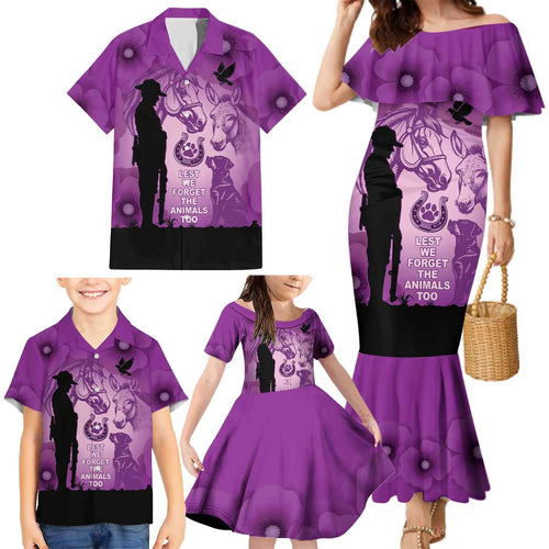 Australia Animals ANZAC Day Family Matching Mermaid Dress and Hawaiian Shirt Lest We Forget The Animals Too Purple Poppy