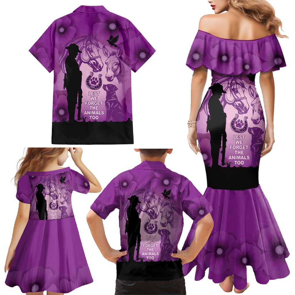 Australia Animals ANZAC Day Family Matching Mermaid Dress and Hawaiian Shirt Lest We Forget The Animals Too Purple Poppy