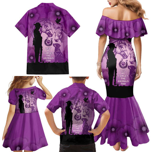 Australia Animals ANZAC Day Family Matching Mermaid Dress and Hawaiian Shirt Lest We Forget The Animals Too Purple Poppy