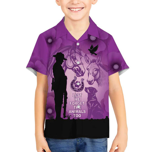 Australia Animals ANZAC Day Family Matching Mermaid Dress and Hawaiian Shirt Lest We Forget The Animals Too Purple Poppy