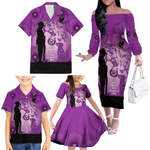 Australia Animals ANZAC Day Family Matching Off The Shoulder Long Sleeve Dress and Hawaiian Shirt Lest We Forget The Animals Too Purple Poppy