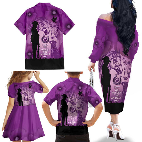 Australia Animals ANZAC Day Family Matching Off The Shoulder Long Sleeve Dress and Hawaiian Shirt Lest We Forget The Animals Too Purple Poppy