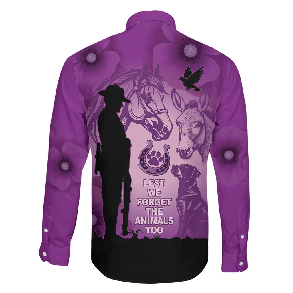 Australia Animals ANZAC Day Family Matching Off The Shoulder Long Sleeve Dress and Hawaiian Shirt Lest We Forget The Animals Too Purple Poppy