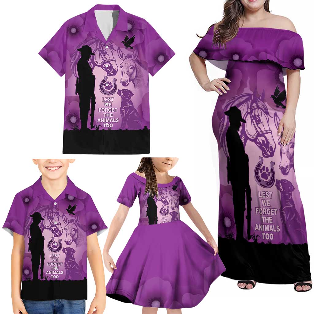 Australia Animals ANZAC Day Family Matching Off Shoulder Maxi Dress and Hawaiian Shirt Lest We Forget The Animals Too Purple Poppy
