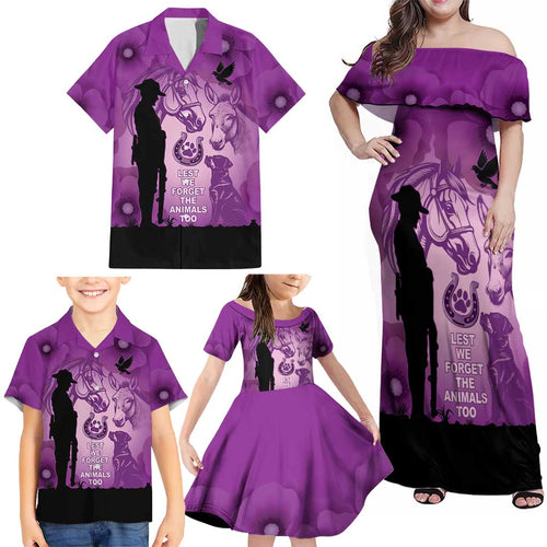 Australia Animals ANZAC Day Family Matching Off Shoulder Maxi Dress and Hawaiian Shirt Lest We Forget The Animals Too Purple Poppy