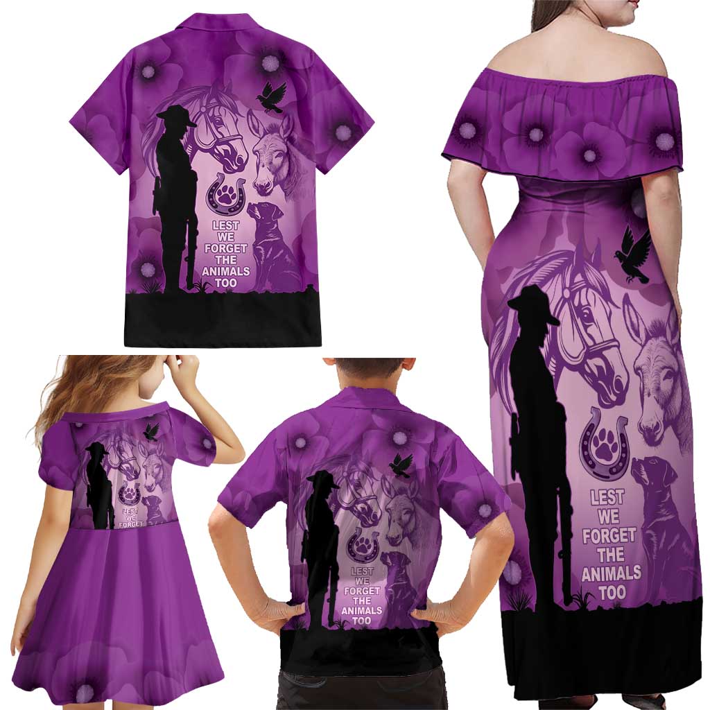 Australia Animals ANZAC Day Family Matching Off Shoulder Maxi Dress and Hawaiian Shirt Lest We Forget The Animals Too Purple Poppy
