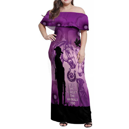 Australia Animals ANZAC Day Family Matching Off Shoulder Maxi Dress and Hawaiian Shirt Lest We Forget The Animals Too Purple Poppy