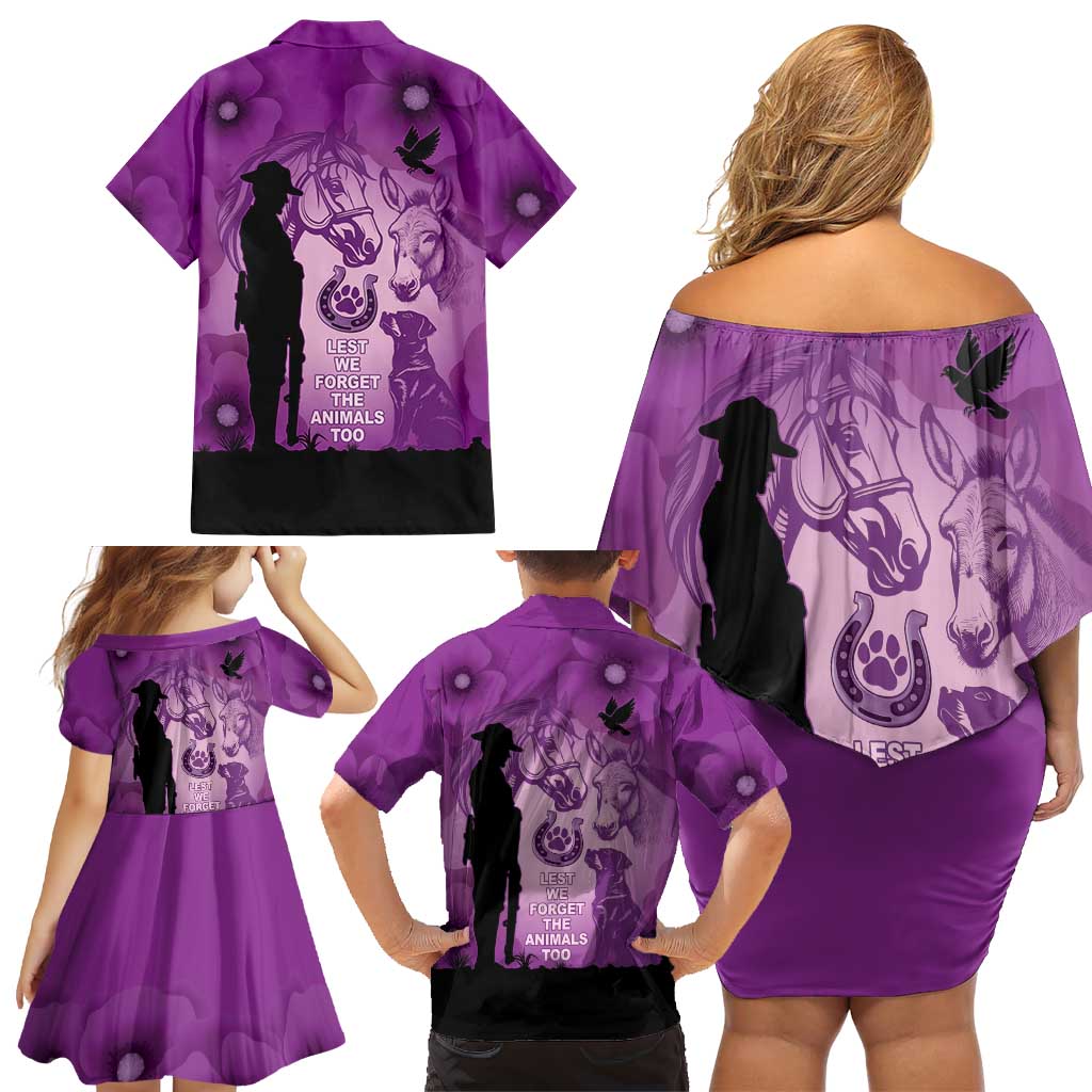 Australia Animals ANZAC Day Family Matching Off Shoulder Short Dress and Hawaiian Shirt Lest We Forget The Animals Too Purple Poppy
