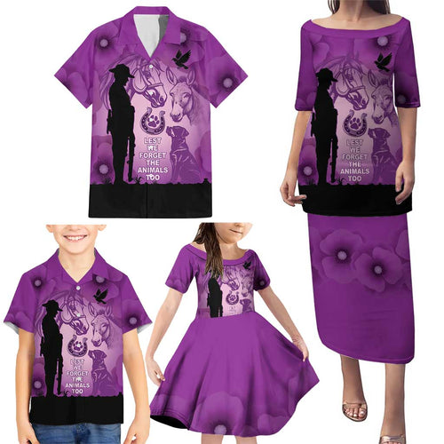 Australia Animals ANZAC Day Family Matching Puletasi and Hawaiian Shirt Lest We Forget The Animals Too Purple Poppy