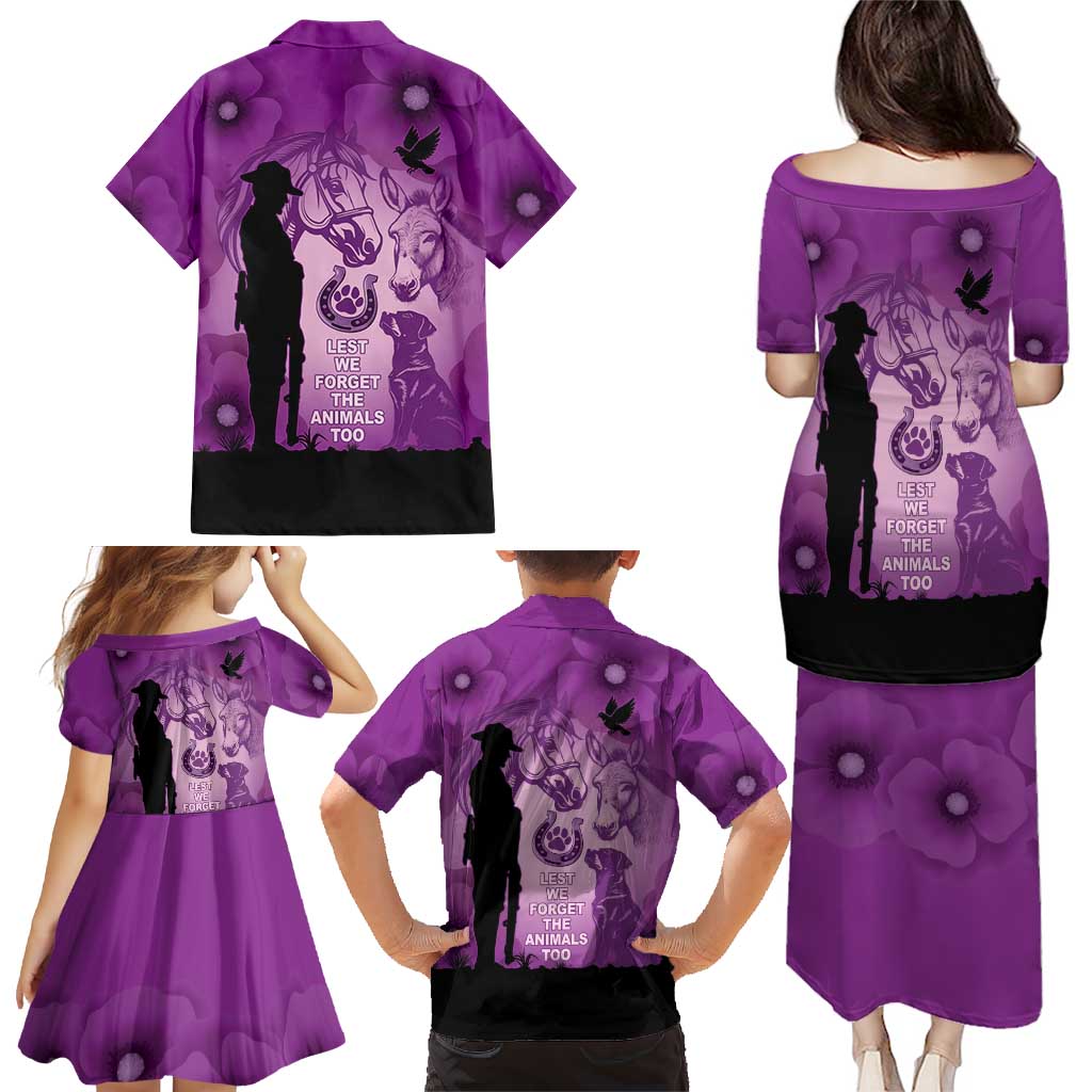 Australia Animals ANZAC Day Family Matching Puletasi and Hawaiian Shirt Lest We Forget The Animals Too Purple Poppy