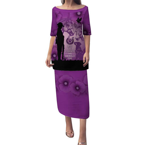 Australia Animals ANZAC Day Family Matching Puletasi and Hawaiian Shirt Lest We Forget The Animals Too Purple Poppy