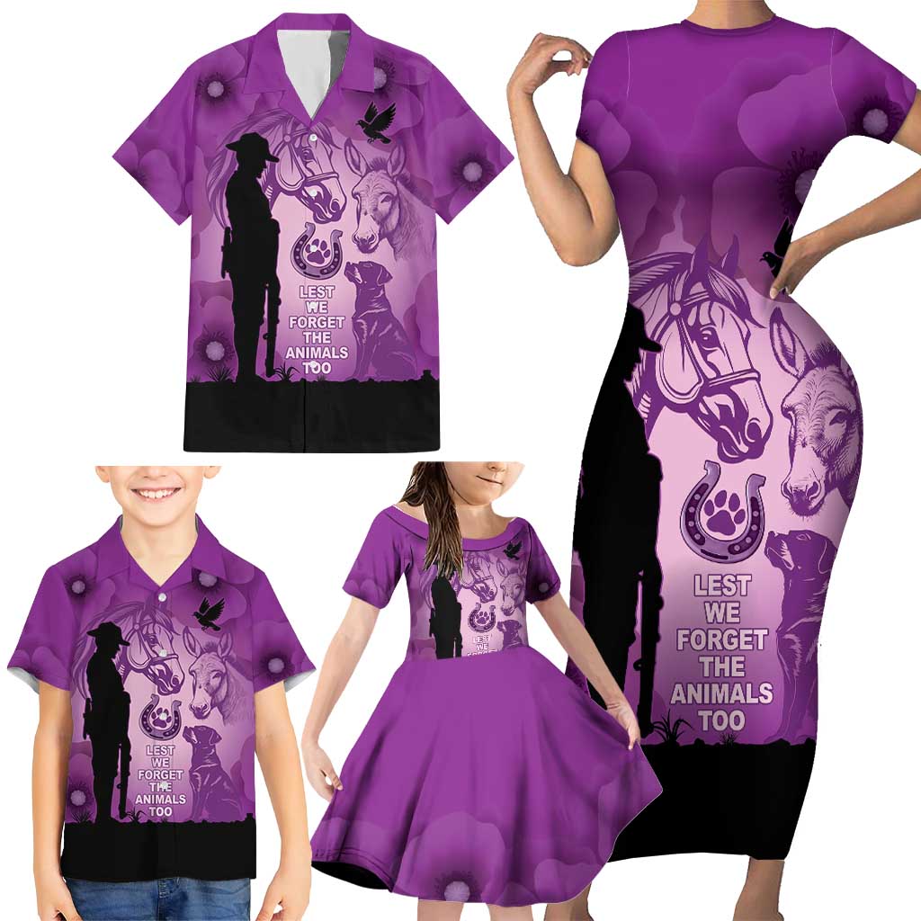 Australia Animals ANZAC Day Family Matching Short Sleeve Bodycon Dress and Hawaiian Shirt Lest We Forget The Animals Too Purple Poppy