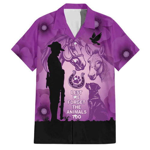 Australia Animals ANZAC Day Family Matching Short Sleeve Bodycon Dress and Hawaiian Shirt Lest We Forget The Animals Too Purple Poppy