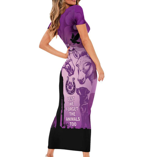 Australia Animals ANZAC Day Family Matching Short Sleeve Bodycon Dress and Hawaiian Shirt Lest We Forget The Animals Too Purple Poppy
