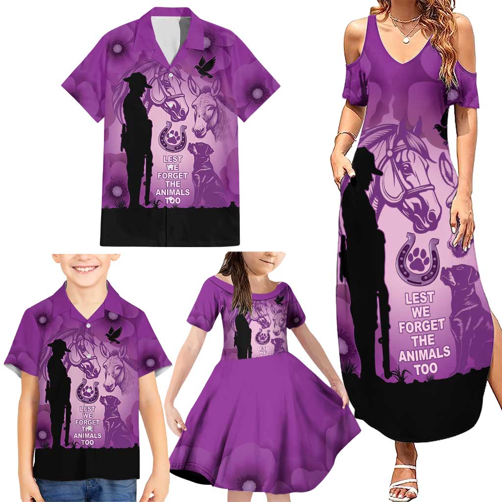 Australia Animals ANZAC Day Family Matching Summer Maxi Dress and Hawaiian Shirt Lest We Forget The Animals Too Purple Poppy