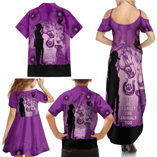 Australia Animals ANZAC Day Family Matching Summer Maxi Dress and Hawaiian Shirt Lest We Forget The Animals Too Purple Poppy