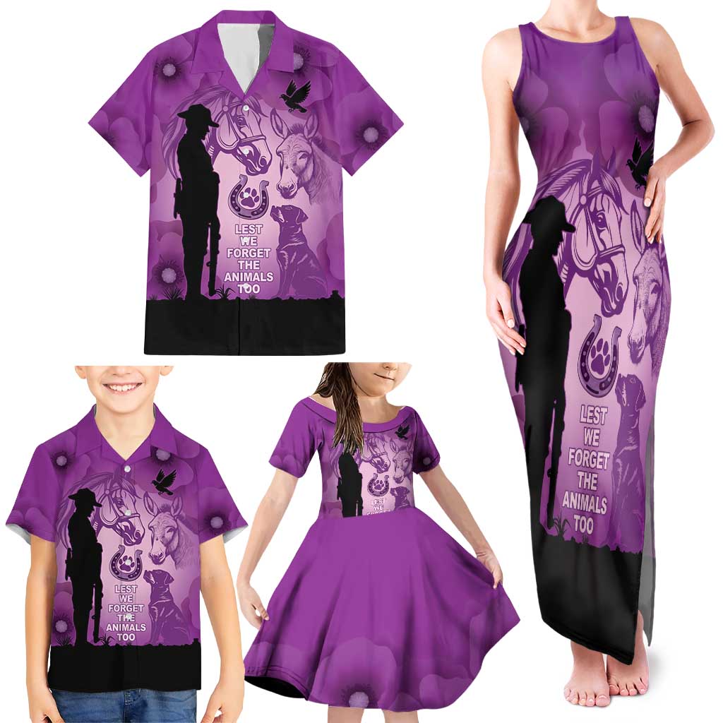 Australia Animals ANZAC Day Family Matching Tank Maxi Dress and Hawaiian Shirt Lest We Forget The Animals Too Purple Poppy