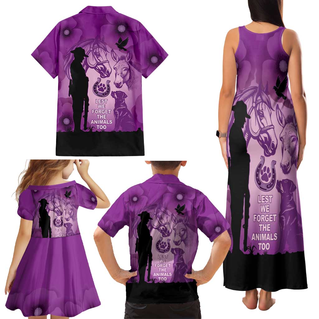Australia Animals ANZAC Day Family Matching Tank Maxi Dress and Hawaiian Shirt Lest We Forget The Animals Too Purple Poppy