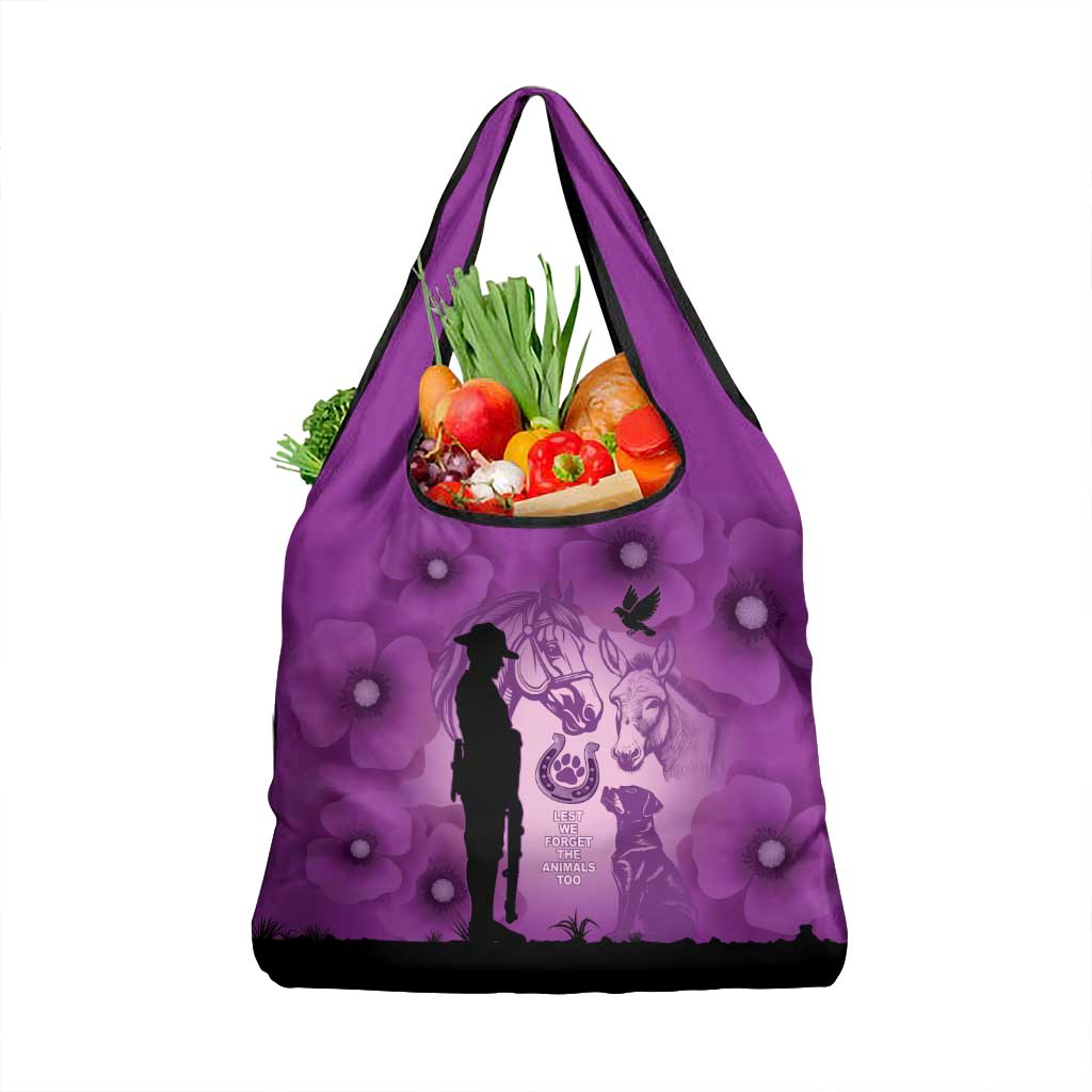Australia Animals ANZAC Day Grocery Bag Lest We Forget The Animals Too Purple Poppy