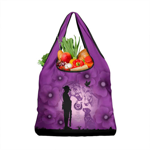 Australia Animals ANZAC Day Grocery Bag Lest We Forget The Animals Too Purple Poppy
