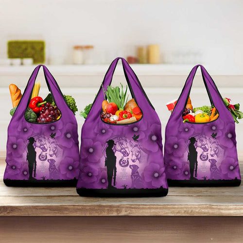 Australia Animals ANZAC Day Grocery Bag Lest We Forget The Animals Too Purple Poppy