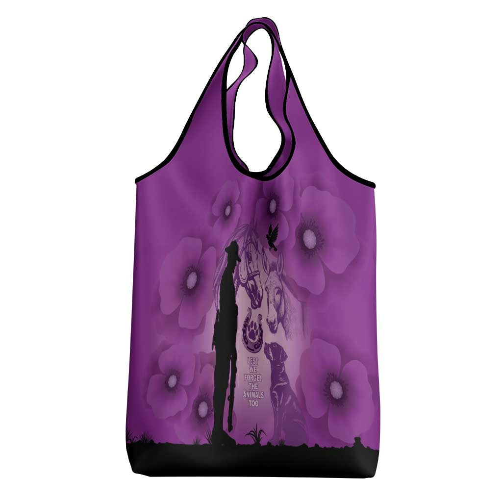 Australia Animals ANZAC Day Grocery Bag Lest We Forget The Animals Too Purple Poppy