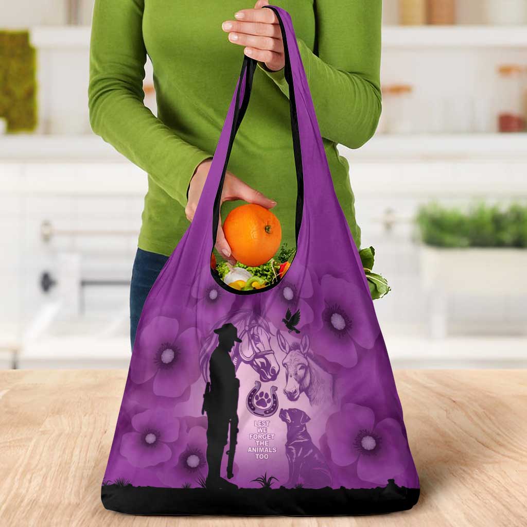 Australia Animals ANZAC Day Grocery Bag Lest We Forget The Animals Too Purple Poppy