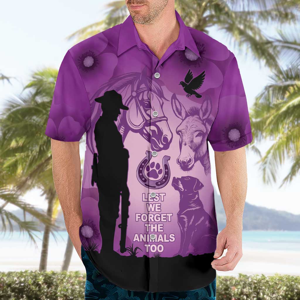 Australia Animals ANZAC Day Hawaiian Shirt Lest We Forget The Animals Too Purple Poppy