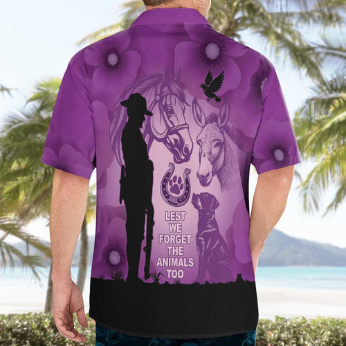 Australia Animals ANZAC Day Hawaiian Shirt Lest We Forget The Animals Too Purple Poppy