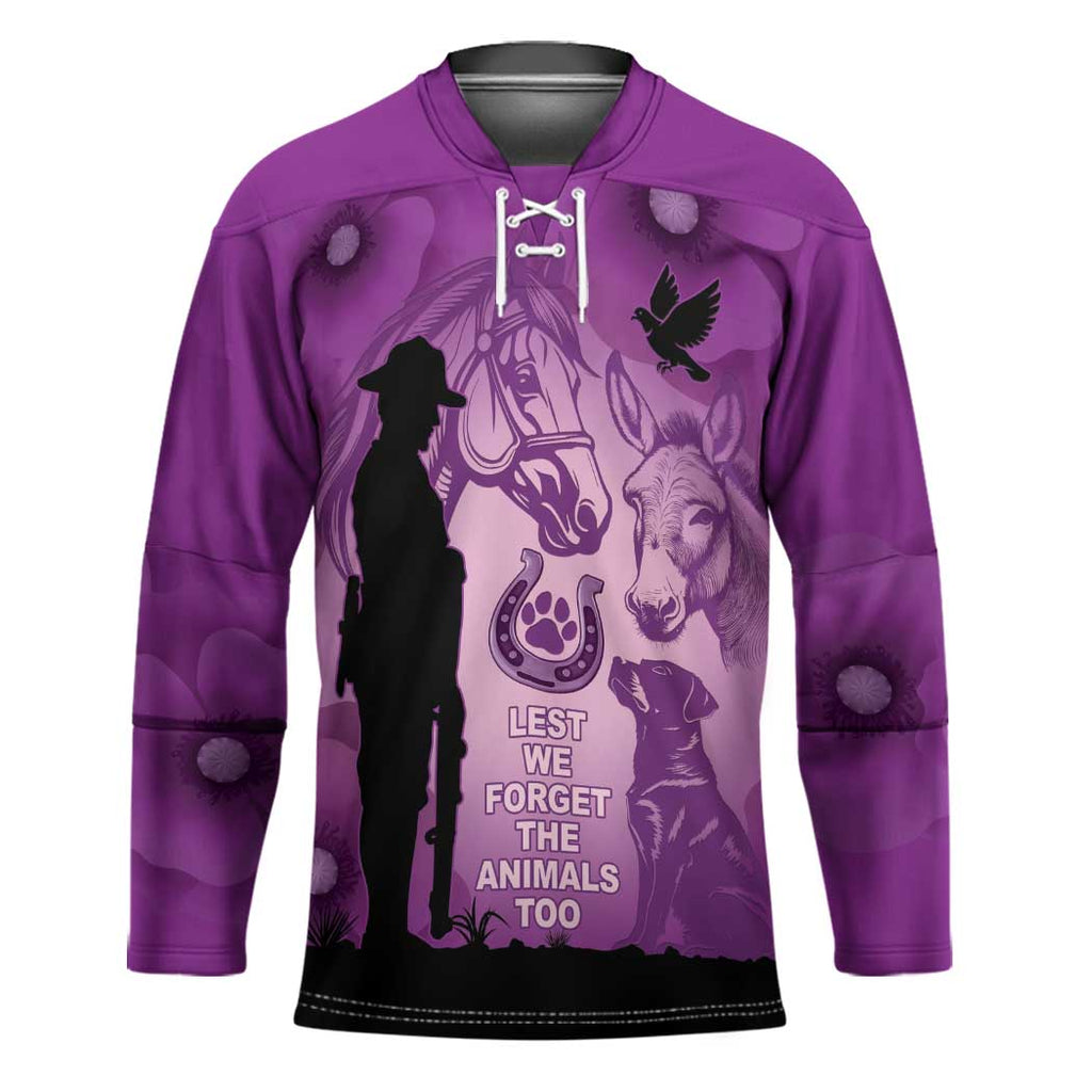 Australia Animals ANZAC Day Hockey Jersey Lest We Forget The Animals Too Purple Poppy