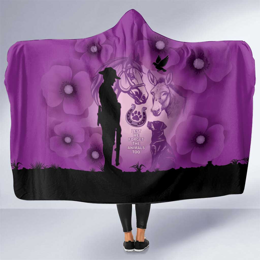 Australia Animals ANZAC Day Hooded Blanket Lest We Forget The Animals Too Purple Poppy