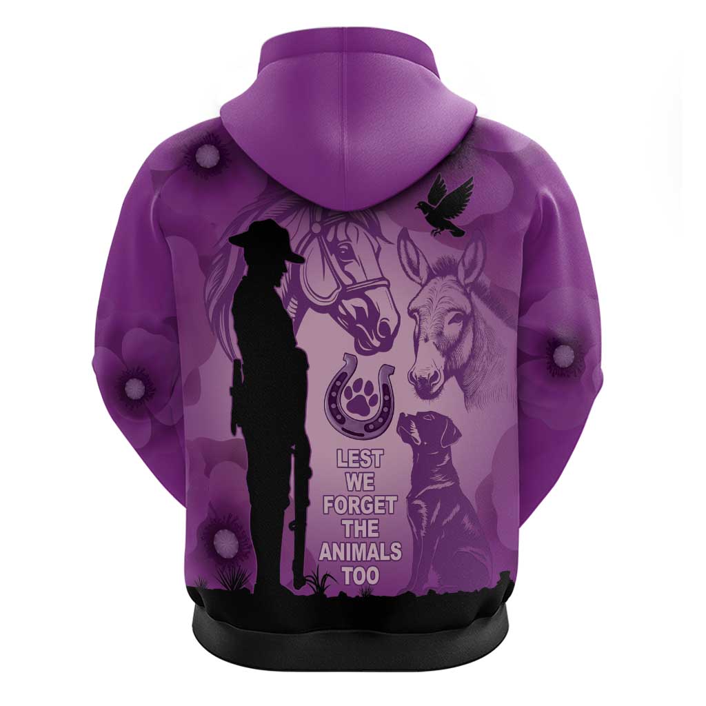 Australia Animals ANZAC Day Hoodie Lest We Forget The Animals Too Purple Poppy