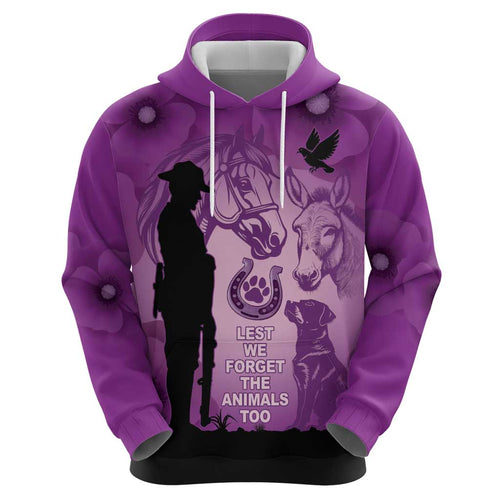 Australia Animals ANZAC Day Hoodie Lest We Forget The Animals Too Purple Poppy
