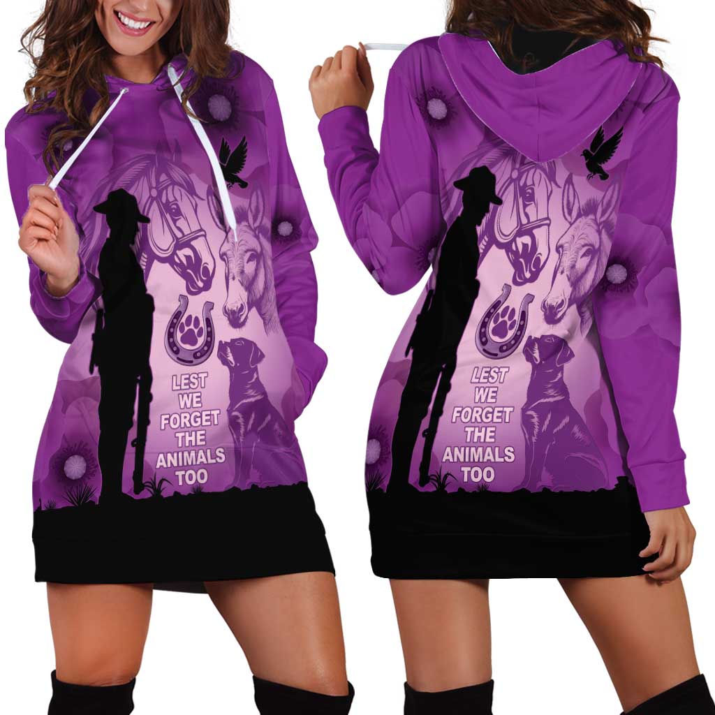 Australia Animals ANZAC Day Hoodie Dress Lest We Forget The Animals Too Purple Poppy